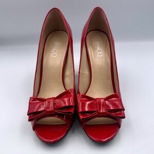 Nine Co Red Patent Leather Bow Peep Toe Heels 4" Pumps Slip On Women's Size 8.5